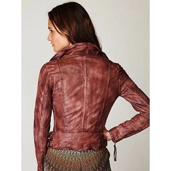 Muubaa x Free People Edgy Distressed Brown Leather Moto Biker Jacket Luxury Boho - Picture 13 of 16